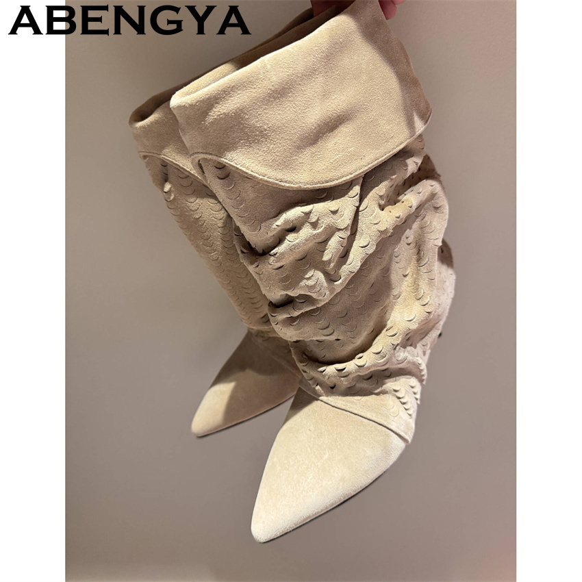 The Ethnic Fashion - レディースミッドカーフショートブーツ 2026冬新作 ポインテッドトゥ ウェスタンファッション スタックブーツ キトゥンヒール