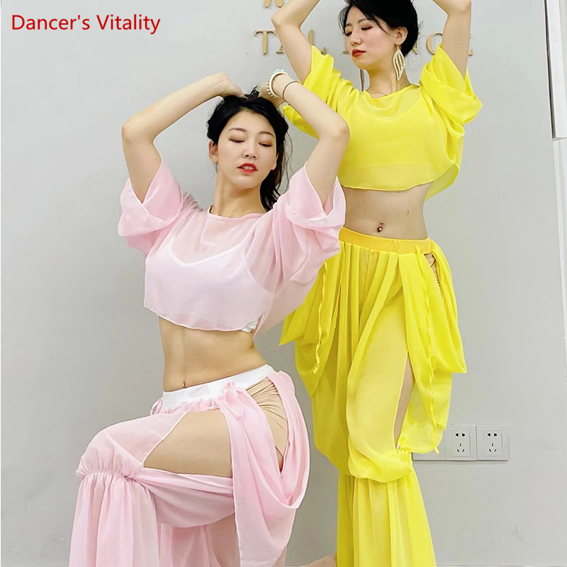 Ethnic Fashion India - ベリーダンストレーニング服女性用ベリーダンス長袖トップ+ズボンインド衣装シフォンランタンパンツオリエンタル