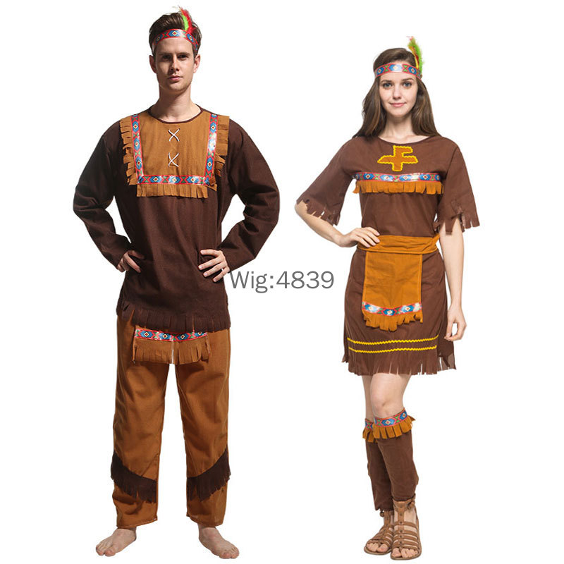Ethnic Fashion India - ハロウィンコスチューム大人のカップルインディアンネイティブ服女性男性原始人穴居人コスチュームタッセルカーニバルパーティーファンシードレス