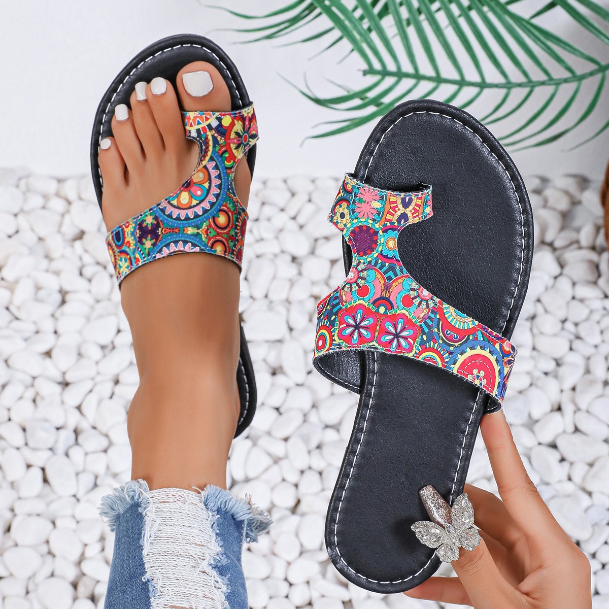 Women'S Ethnic Fashion Brands - 幅広エスニックフラットサンダル レディース 夏用 通気性プリント トゥループ ローマ風